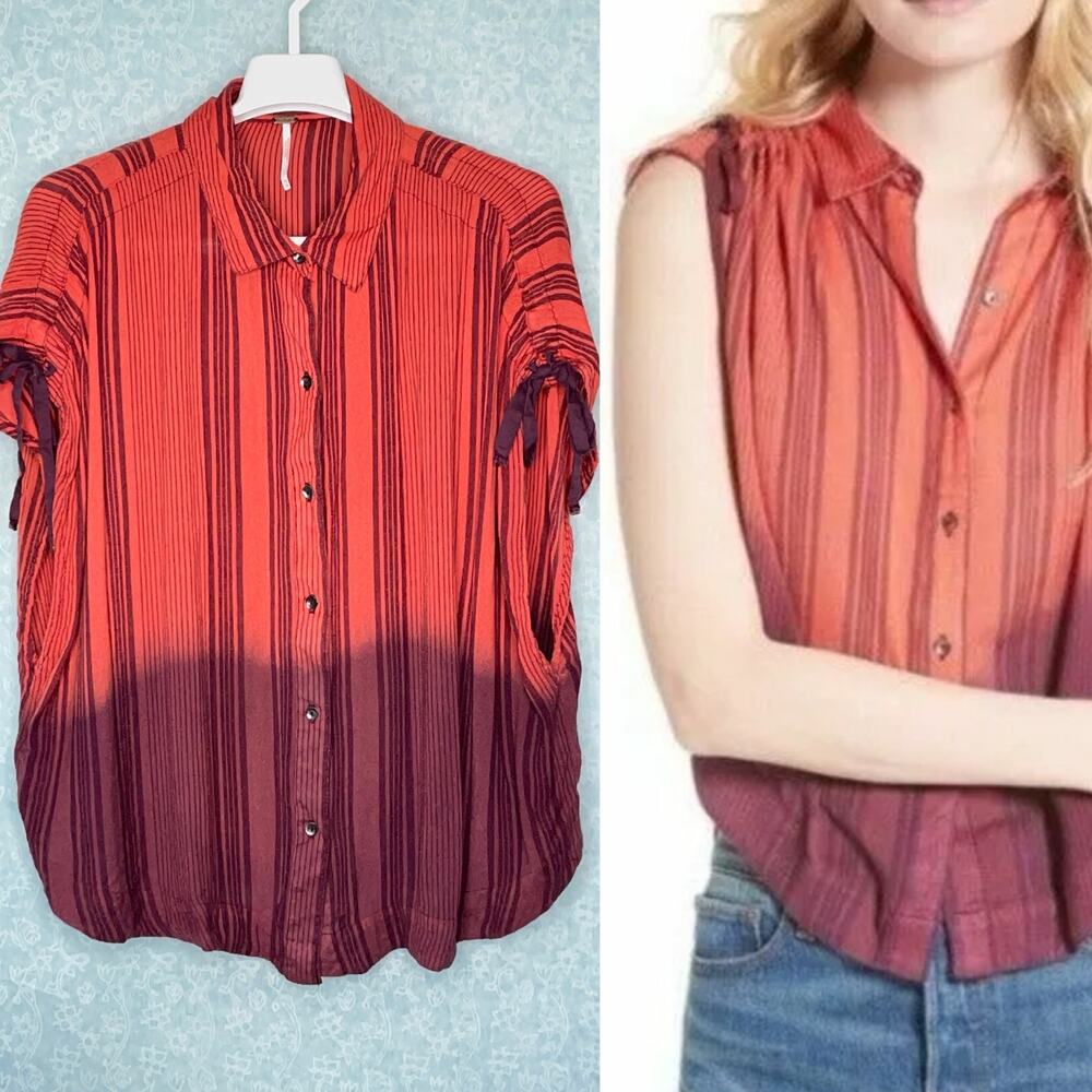 Free People Stripe Orange Burgundy Ombre Baby Blues Tie Shoulder Top Size Medium